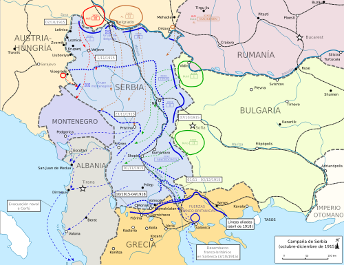 Mapa táctico de la invasión de Serbia en 1915.