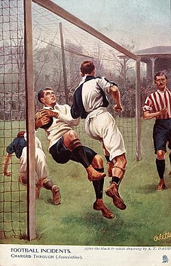 Un guardameta siendo cargado por un jugador rival en el año 1905.