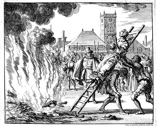 Grabado histórico de la ejecución en la hoguera de la anabaptista Anneken Hendriks en Ámsterdam en 1571.