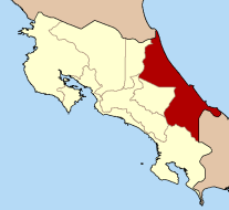 Mapa que muestra la ubicación geográfica de la provincia de Limón en la costa caribeña de Costa Rica.