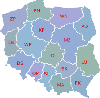 Mapa de los voivodatos de Polonia vigentes desde el año 1999