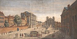 Vista de Whitehall mirando hacia el sur en 1740, mostrando la Banqueting House y los edificios del Tesoro.