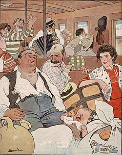 Ilustración de viajeros en un tren a comienzos del siglo XX