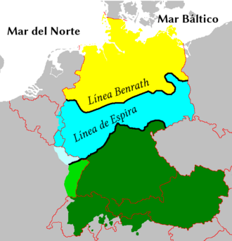 Mapa de isoglosas del alemán superior, central y bajo alemán