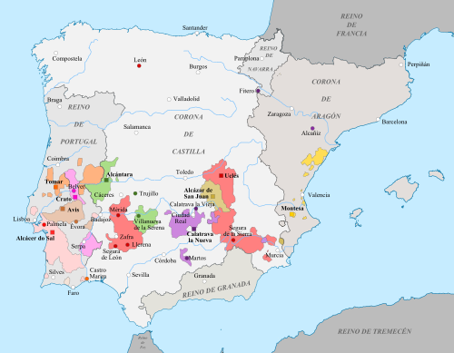 Mapa de los territorios de las órdenes militares hacia finales del siglo XV