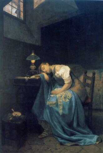 Pintura titulada La costurera cansada del artista Angelo Trezzini, que ilustra el agotamiento físico.