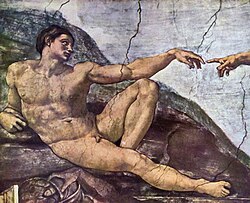 Detalle del fresco La creación de Adán de Miguel Ángel mostrando un varón desnudo