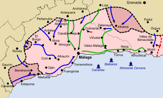 Mapa táctico o representación del avance militar durante el asalto sobre Málaga.