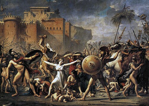 Oleo monumental de Jacques-Louis David sobre el rapto de las sabinas.