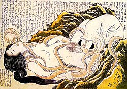 Xilografía de contenido erótico perteneciente al género shunga diseñada por Hokusai alrededor de 1820.