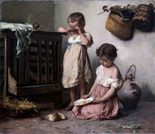 La muerte del pollito, obra realizada por Antonio Rotta en 1878.