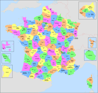 Mapa detallado de los 101 departamentos que conforman el territorio de la República Francesa.