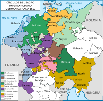 Mapa de los círculos imperiales al inicio del siglo XVI con el Círculo de Borgoña resaltado