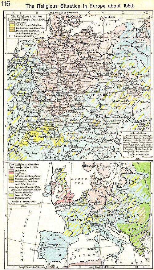 Mapa histórico de Europa con la distribución territorial de las diferentes confesiones cristianas tras la Reforma.
