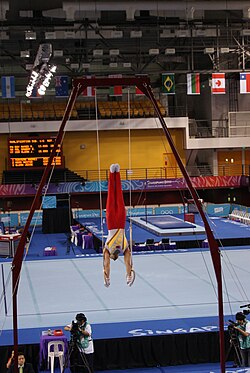 Gimnasta masculino realizando un ejercicio de fuerza en el aparato de anillas