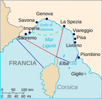 Detalle geográfico del Mar de Liguria