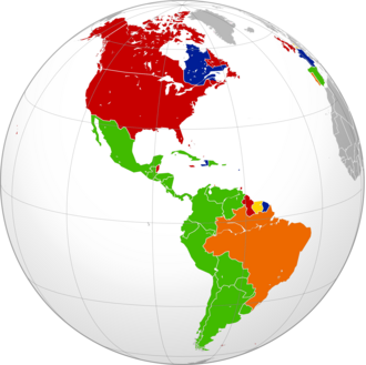 Mapa de distribución aproximada de las lenguas indoeuropeas en América por países y familias lingüísticas.