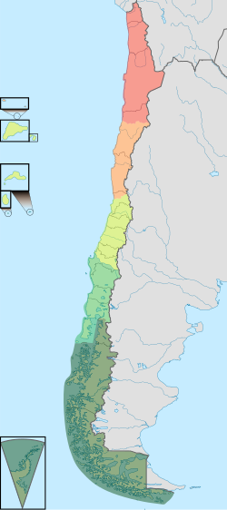 Mapa de las regiones naturales de Chile destacando en color verde la Zona Central.