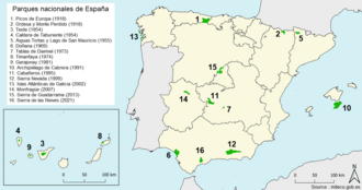 Mapa de la distribución de las áreas protegidas en España