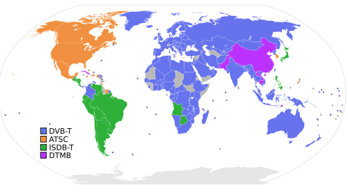 Mapa mundial que muestra los países que utilizan el estándar DVB-T.