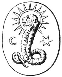 Representación de una deidad con cabeza de león grabada en una gema antigua.