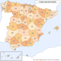 Mapa esquemático con los códigos de área de dos dígitos asignados a las provincias españolas.