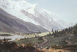 Iglesia de Chamonix y el Mont Blanc pintados por Jean-Antoine Link a finales del siglo XVIII