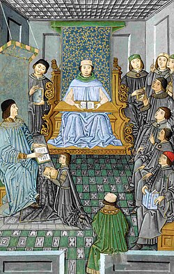 Ilustración histórica de Antonio de Nebrija impartiendo clases