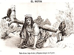 Caricatura de Cánovas y Sagasta columpiándose sobre una alegoría de España
