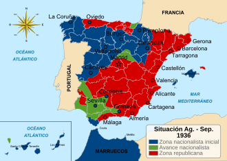Mapa histórico de las zonas sublevada y republicana en agosto y septiembre de 1936.