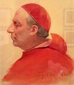 Pintura de un cardenal de perfil realizada en 1888 por Jehan Georges Vibert