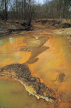 Arroyo que recibe drenaje ácido de una mina de carbón donde se estudian comunidades microbianas.