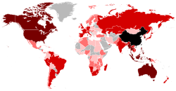 Mapa que muestra países con poblaciones significativas de ascendencia china en todo el mundo.