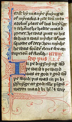 Folio medieval que muestra un evangelio traducido por John Wyclif del siglo XIV.
