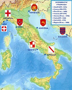 Mapa con la ubicación y los emblemas de las repúblicas marítimas