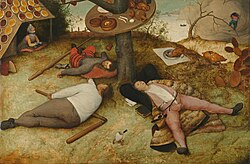Detalle de la pintura El país de Jauja con tres figuras recostadas