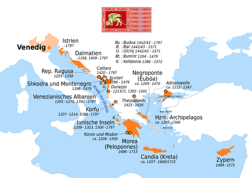 Mapa esquemático de los dominios de la República de Venecia.