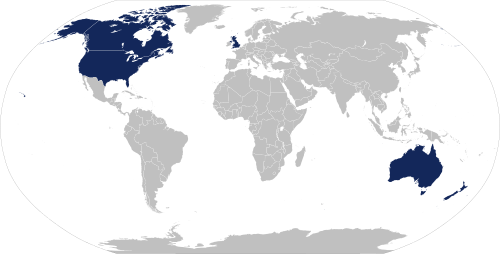 Mapa que muestra los países miembros del tratado UKUSA.