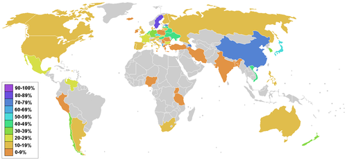 Mapa mundial que ilustra la distribución de poblaciones sin afiliación religiosa.
