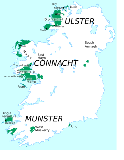 Mapa de las áreas gaeltacht oficiales en la República de Irlanda