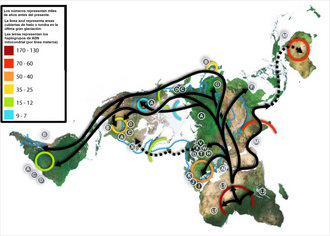 Mapa de migraciones humanas basado en haplogrupos mitocondriales según Spencer Wells