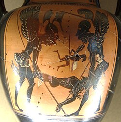 Ánfora ática de figuras negras donde se representa a Hipnos y Tánatos trasladando el cuerpo de Sarpedón.