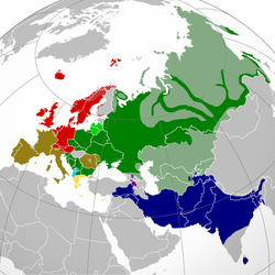 Distribución actual aproximada de las diferentes ramas de las lenguas indoeuropeas en Eurasia.