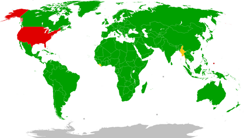Mapa mundial que muestra a Estados Unidos en rojo como el único país donde el sistema anglosajón es oficial.