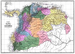Mapa físico-político de la Gran Colombia con sus departamentos