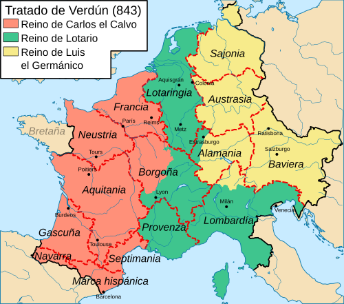 Mapa general de la división territorial de Francia acordada en Verdún.