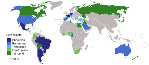 Mapa mundial que muestra los resultados obtenidos en la Copa Confederaciones y los países que funcionaron como sedes