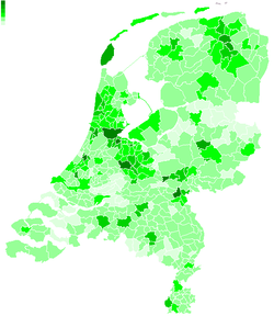 Distribución del voto a GroenLinks en las elecciones municipales de 2006