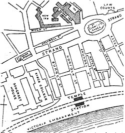 Mapa histórico de 1888 que muestra la disposición de la zona antes de la construcción de la calle Aldwych