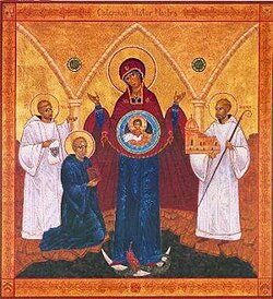 Los fundadores de Císter: Roberto de Molesmes, Alberico y Esteban Harding venerando a la Virgen María.